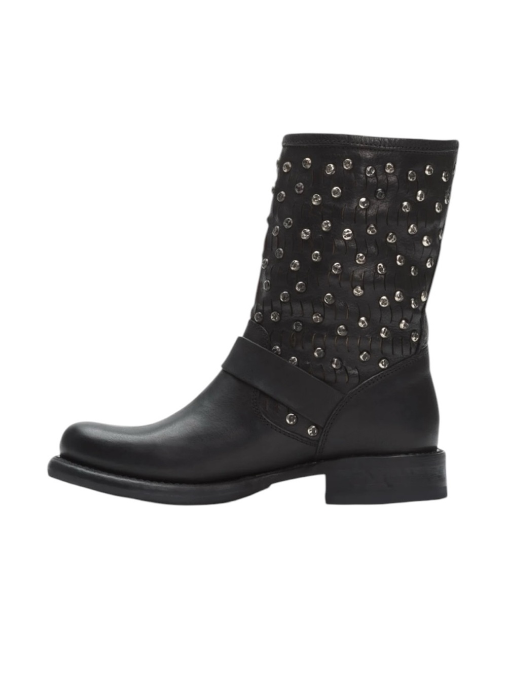 Frye Jenna Cut Stud Short Black Leather Boots Silver Buckle Motorcycle - Picture 2 of 9